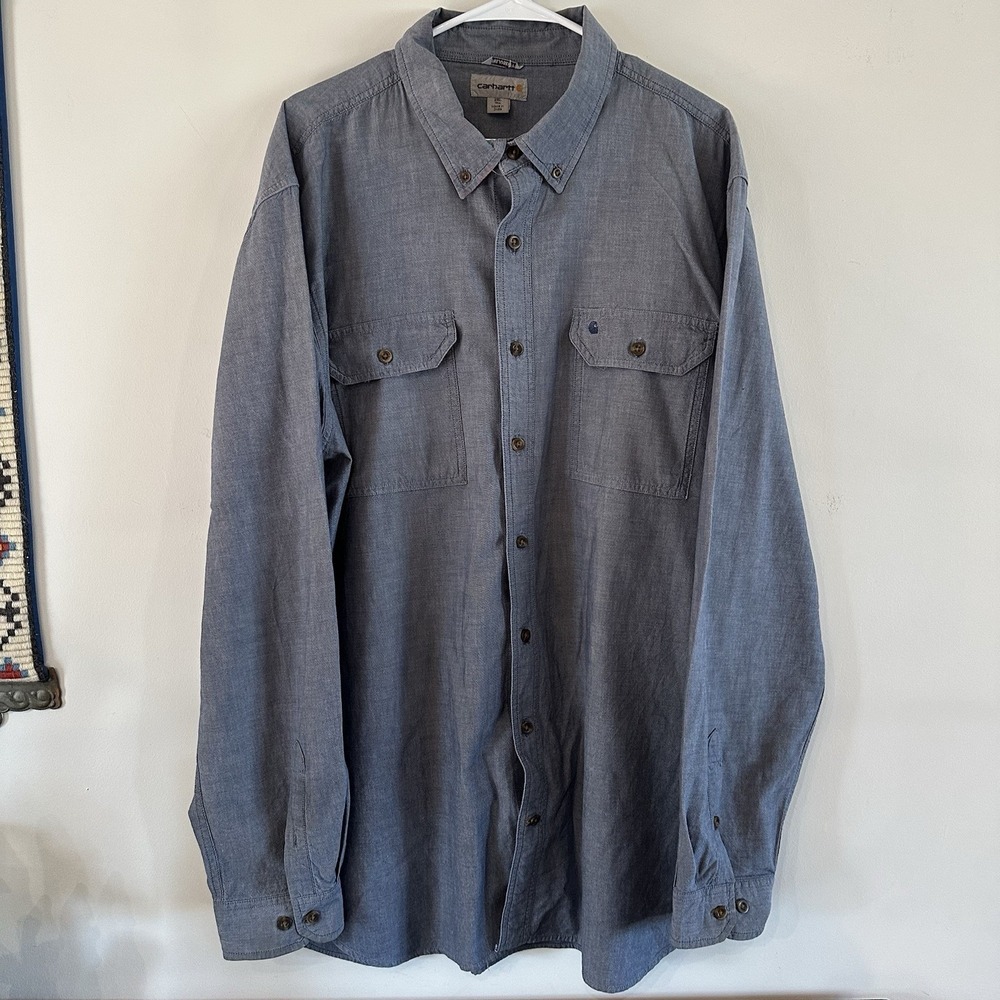 Mens Carhartt Button Shirt Blue Long Sleeve Shirt Relaxed Fit Blue Chambray 2XL - Picture 3 of 12